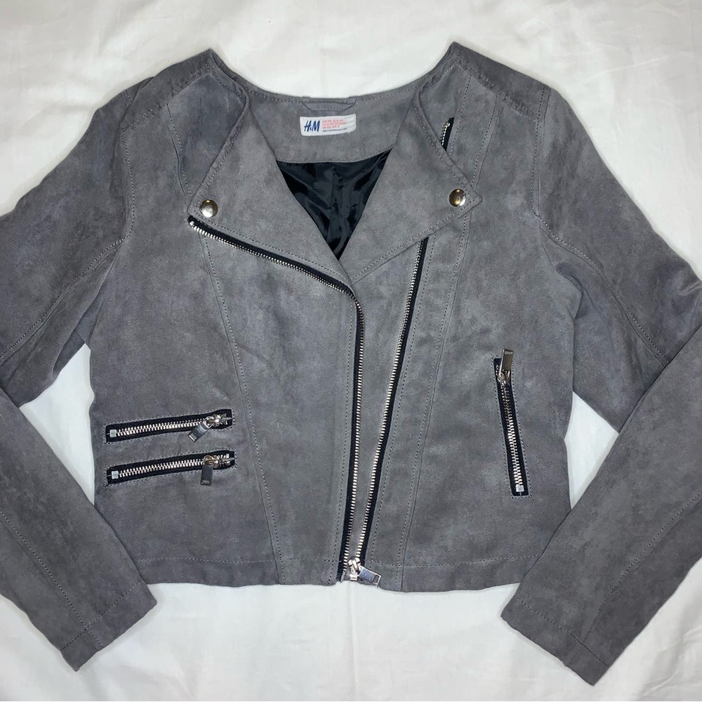 H&M Gray Faux Suede Moto Jacket